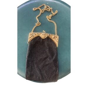 Whiting & Davis Black Mesh Evening Bag Gold Tone Goddess Frame Vintage USA 8x5"